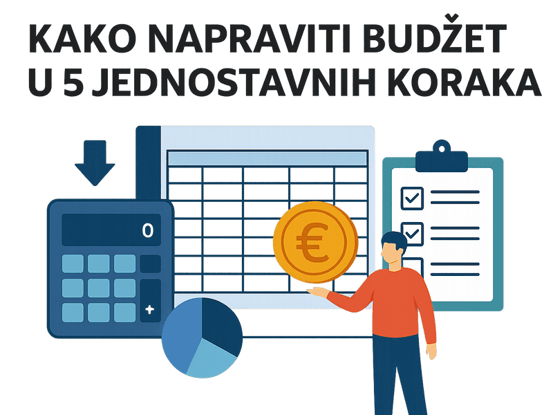 Kako napraviti budžet u 5 jednostavnih koraka, ilustracija tablice, kalkulatora, znaka eura i liste zadataka.