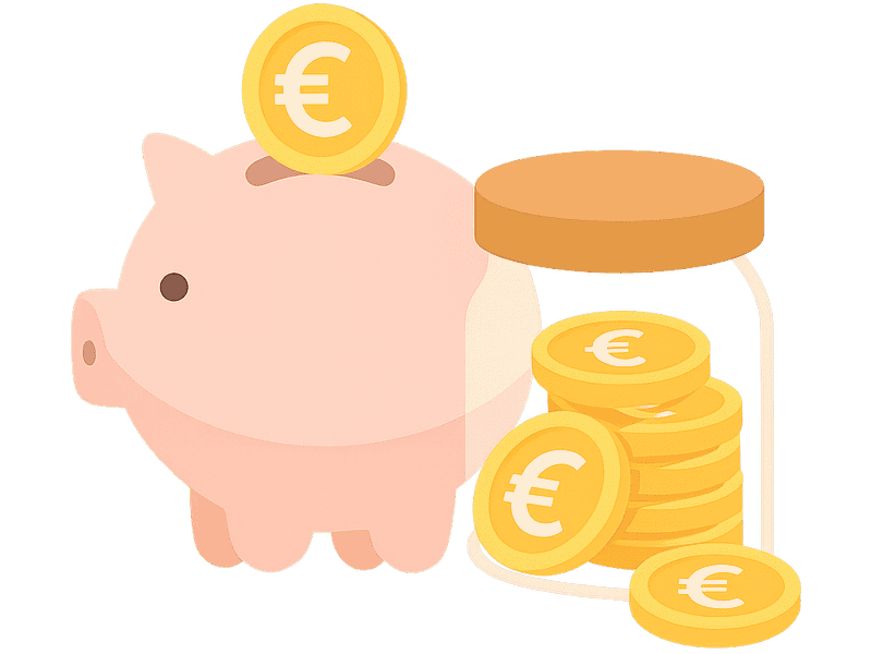 Piggy bank i staklenka napunjena kovanicama eura, simbol štednje za obitelji.