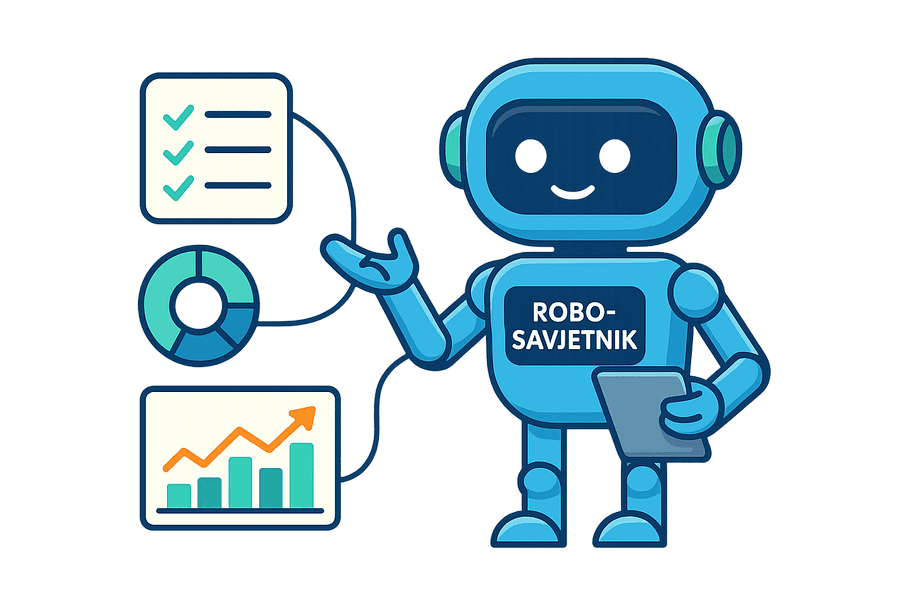 Ilustracija robo-savjetnika koji prikazuje automatizirano upravljanje portfeljem putem fintech platforme.